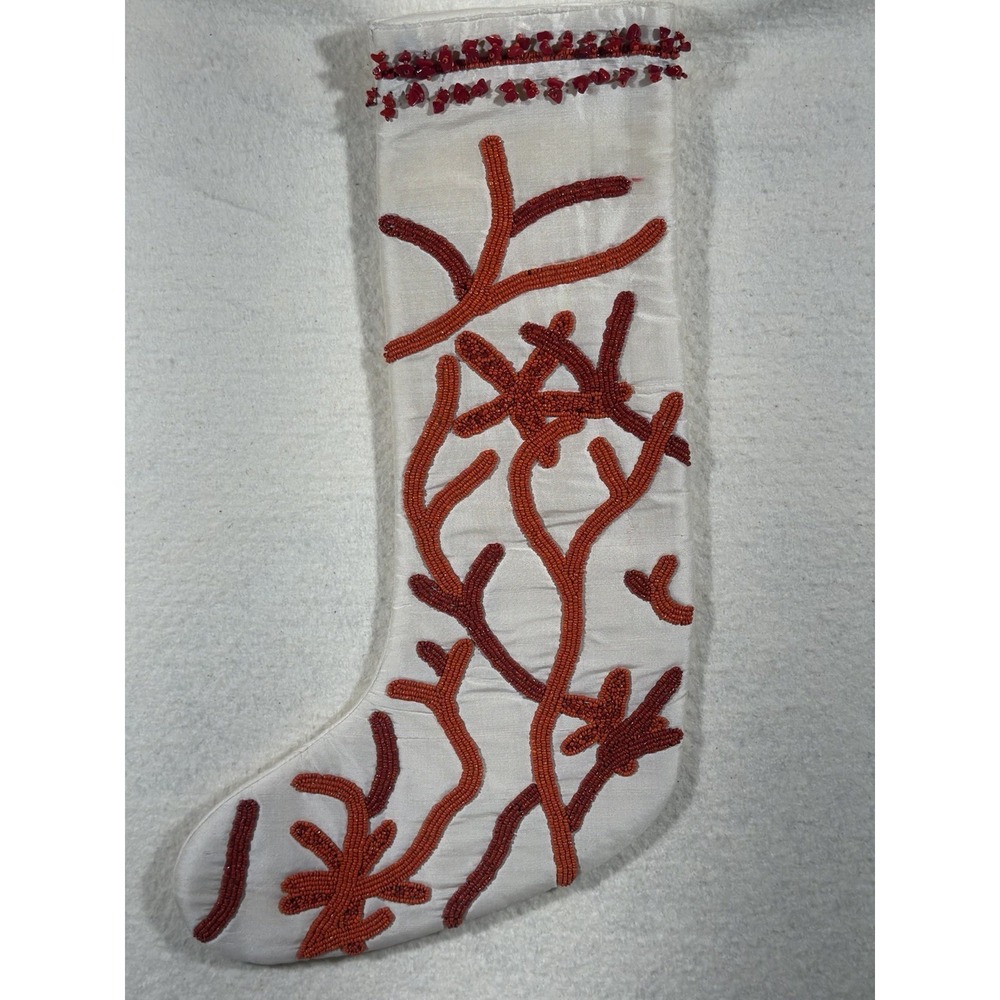 Arcadia Home Silk Christmas Stocking Beaded Coral Coastal Cottagecore 19 Inch
